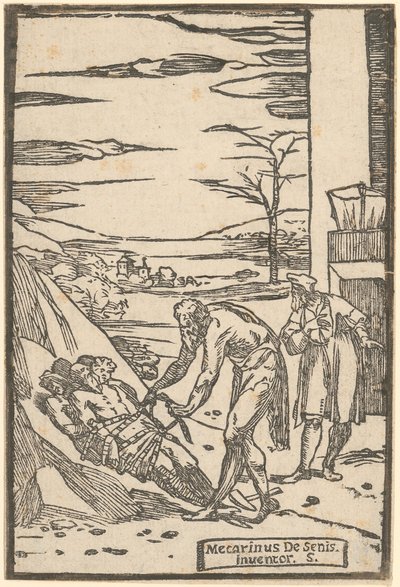 Vulkan ketent de gevangen metalen vast met een ketting, blad 4 van de reeks „De la Pirotechnia“ door Domenico Beccafumi