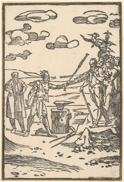 Vulkan brengt de metalen naar de plaats waar ze worden bewerkt, blad 5 van de reeks „De la Pirotechnia“ door Domenico Beccafumi
