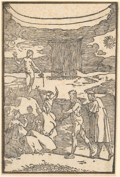 Vulkan en de filosoof (Teoria) gaan op zoek naar de metalen die in rotsen zijn ingesloten, blad 2 van de reeks „De la Pirotechnia“ door Domenico Beccafumi