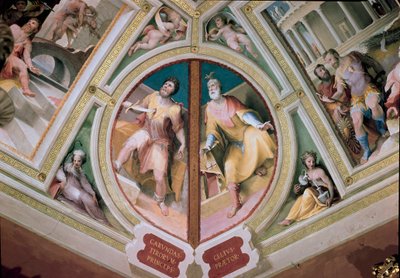 De Griekse wetgever Charondas (7e eeuw v.Chr.) steekt een zwaard in de borst en de Romeinse pretor Celius Fresco door Domenico Beccafumi (1486-1551) door Domenico Beccafumi