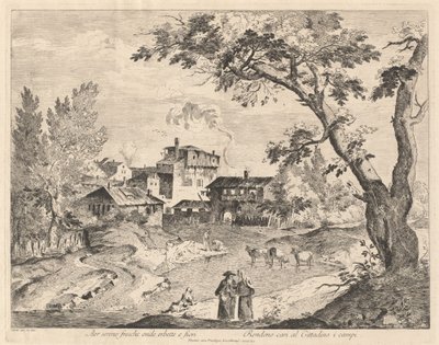 Landelijk dorp langs een rivier met reizigers door Domenico Bernardo Zilotti