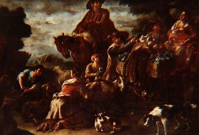 Boeren op weg naar de markt met een meisje dat een geit melkt door Domenico Brandi
