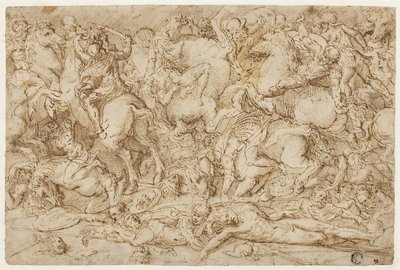Gevechtsscène met paarden en mannen door Domenico Campagnola