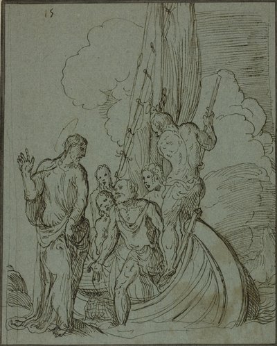 Christus loopt op het water, Petrus volgt door Domenico Campagnola