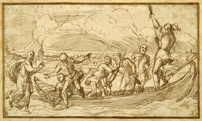 Christus en St. Peter lopend op het water door Domenico Campagnola