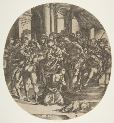 Vrouwelijke figuur Sint Catharina knielend op de grond in het midden smekend tot een mannelijke figuur, 1517 door Domenico Campagnola
