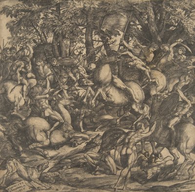 Groep naakte mannen in gevecht in een boslandschap, sommigen te paard, een hond erbij, 1517 door Domenico Campagnola