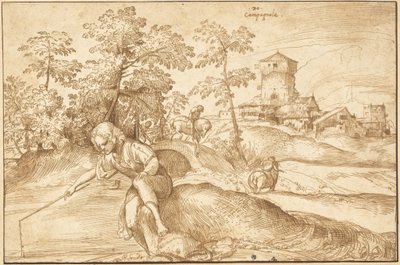 Landschap met een Jongen die Vist door Domenico Campagnola