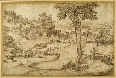 Landschap met een kronkelende rivier door Domenico Campagnola