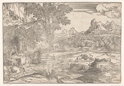Landschap met Hieronymus en twee leeuwen door Domenico Campagnola