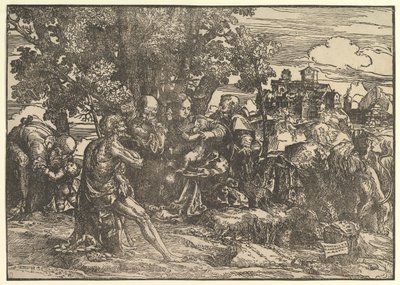 Maria zittend onder bomen met baby, geflankeerd door Jozef links en St. Hiëronymus rechts, St..., 1517. door Domenico Campagnola