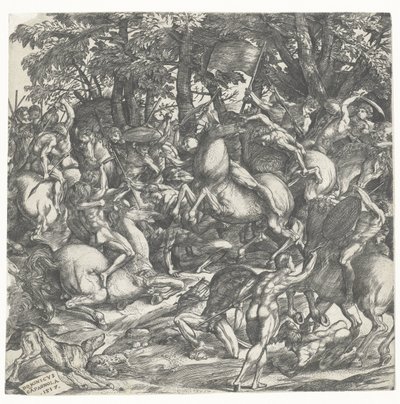 Naakte mannen met speren op paarden in gevecht door Domenico Campagnola