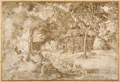 Pelgrims bezoeken Sint Hiëronymus in de wildernis door Domenico Campagnola