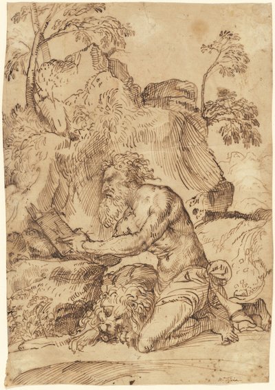 Sint Hiëronymus Lezend in de Wildernis door Domenico Campagnola