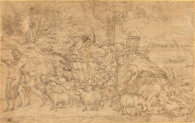 Herder die een fluit speelt en zijn kudde leidt door Domenico Campagnola