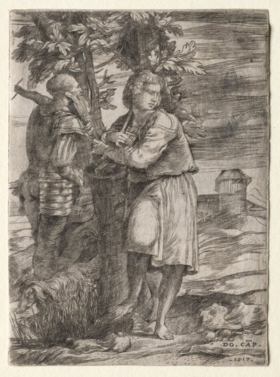 Herder en oude krijger door Domenico Campagnola