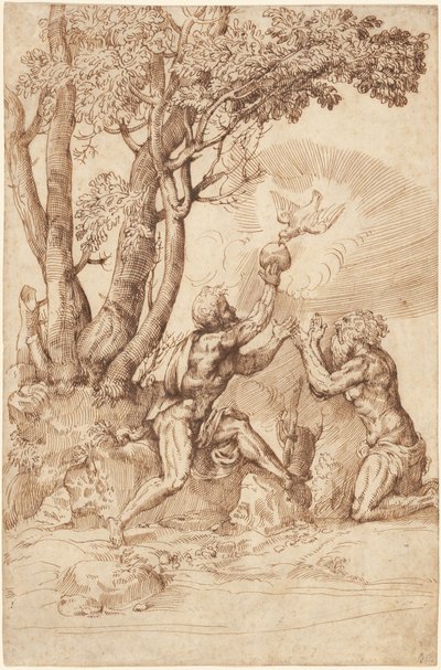 De Kluizenaar Heiligen Paulus en Antonius Ontvangen Brood van een Duif door Domenico Campagnola