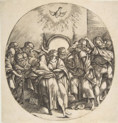 De Heilige Geest als een vogel die neerdaalt met gespreide vleugels bovenaan, de twaalf apostelen, 1518 door Domenico Campagnola