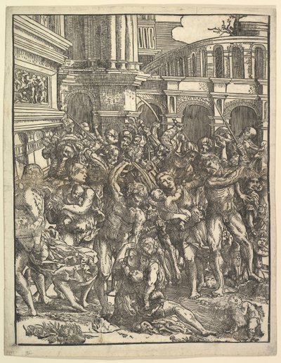 De Slachting van de Onschuldigen Rechterkant met groep mannelijke figuren die vrouwen aanvallen door Domenico Campagnola