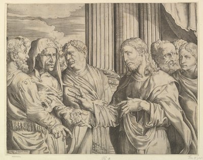 Het belastinggeld: Christus in het midden rechts wijzend naar een man links van hem met munten, ca. 1564-89 door Domenico Campagnola