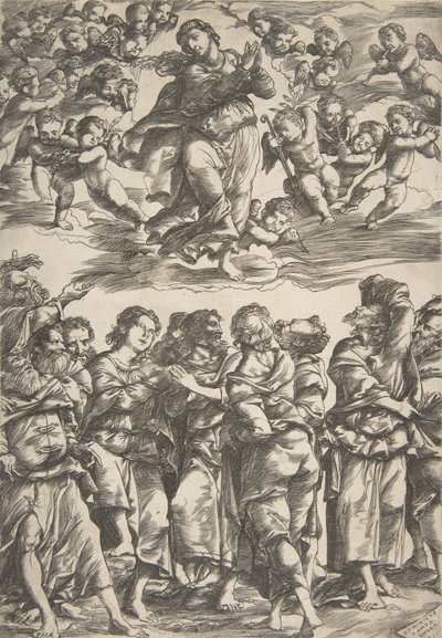 De Maagd bovenaan in het midden in de wolken met gevouwen handen en rechtervoet omhoog, omringd door..., 1517 door Domenico Campagnola