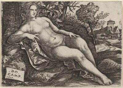 Venus Liggend in een Landschap door Domenico Campagnola