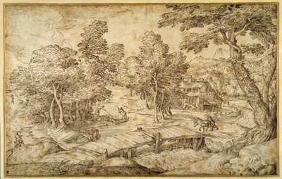 Bosrijk landschap met een boerderij en een houten brug over een sluis door Domenico Campagnola
