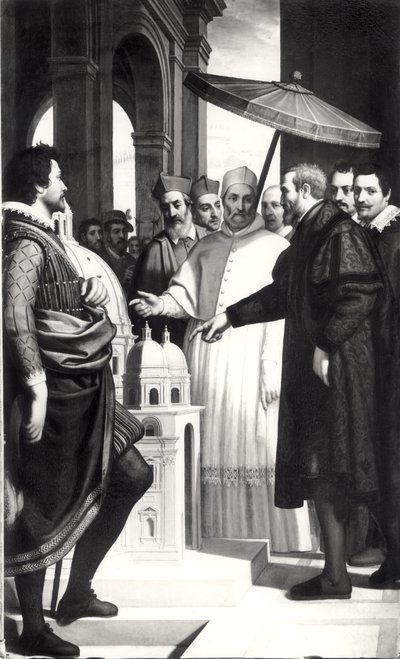 Michelangelo presenteert een model van de koepel van de Sint-Pietersbasiliek aan paus Paulus IV door Domenico Cresti