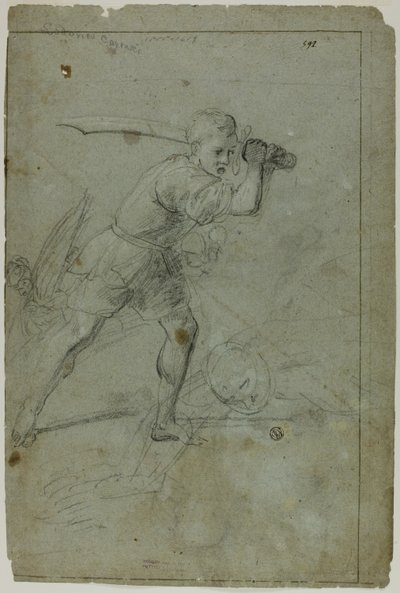 David onthoofdt Goliath (recto); Schets van gedrapeerde vrouwelijke figuur met rechterarm boven het hoofd (verso) door Domenico Fiasella