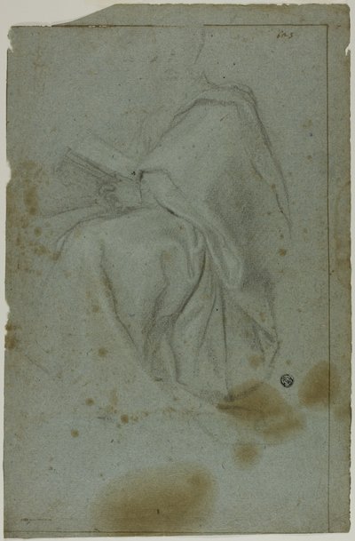 Zittende Gedrapeerde Mannelijke Figuur met Boek (recto); Twee Zittende Vrouwen met Schets van Linkerhand (verso) door Domenico Fiasella