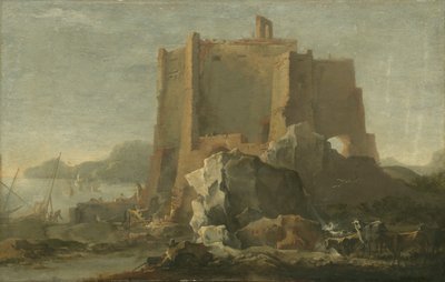 Landschap met rots en fort, c.1640-50 door Domenico Gargiulo
