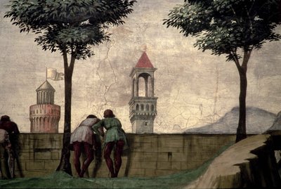 Mannen die over een muur kijken, uit de Visitatie door Domenico Ghirlandaio