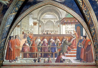 St. Franciscus ontvangt de regel van de orde van paus Honorius, scène uit een cyclus van het leven van St. Franciscus van Assisi door Domenico Ghirlandaio