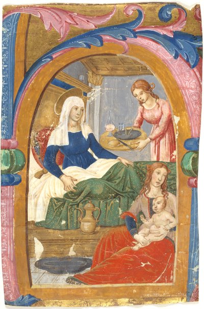 De geboorte van de Maagd in een initiaal H door Domenico Ghirlandaio