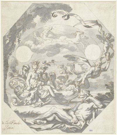 Ontwerp voor een wijzerplaat met een mythologische allegorie door Domenico I Piola (attributed to)