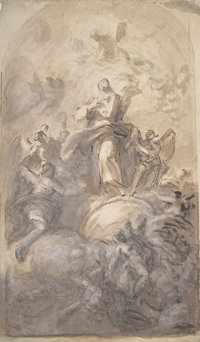De Onbevlekte Maagd in Glorie (recto), Schets van een Deel van een Been en een Hand (verso), 1723-1806. door Domenico Mondo