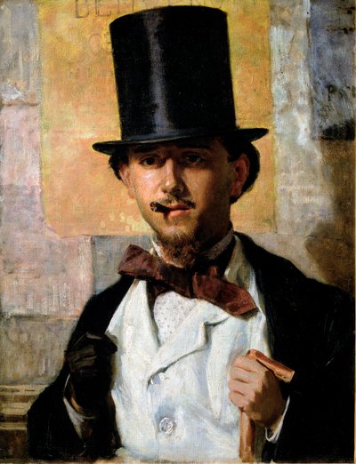 Portret van de Italiaanse schilder Bernardo Celentano (1835-1863) Elegante man met hoge hoed en pak, vlinderdas, wandelstok en handschoen door Domenico Morelli