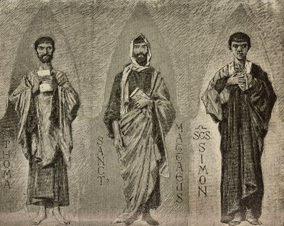 Heiligen Thomas, Matteüs en Simon, cartoons door Domenico Morelli voor mozaïek in de kathedraal van Amalfi, Italië, tekening door P. Scoppetta, gravure uit L
