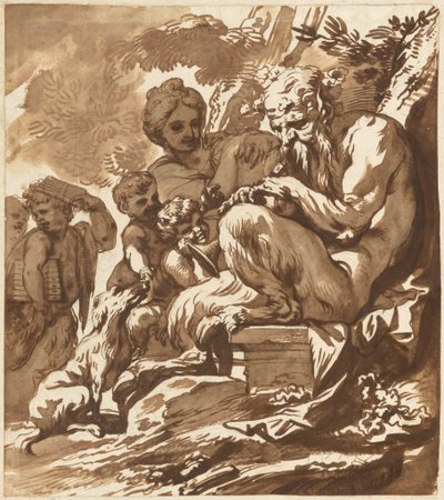 Een satyr die zijn familie vermaakt door Domenico Piola