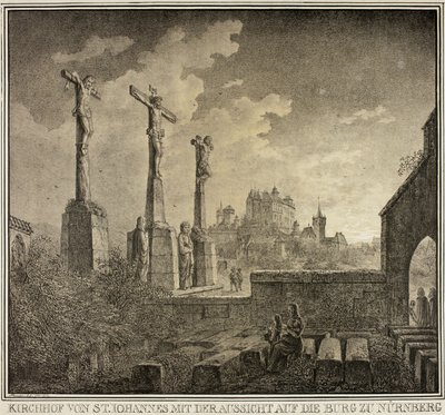 Sint-Janskerkhof met uitzicht op de stad Neurenberg, uit de collectie gedenkwaardige middeleeuwse gebouwen in Duitsland door Domenico Quaglio