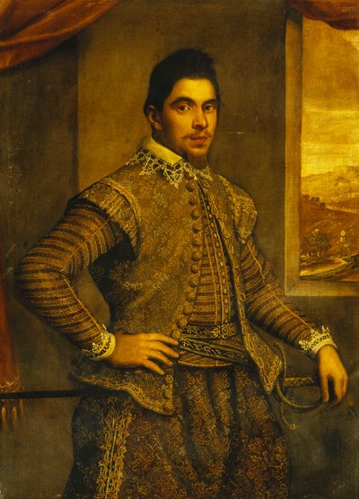 Portret van een Heer, Staande Driekwart Lengte, in een Uitgebreid Geborduurd Kostuum, Voor een Raam, een Landschap Daarachter door Domenico Robusti Tintoretto