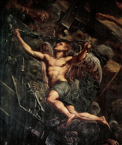 De nederdaling van Jezus Christus naar de limbo. Detail van een engel. Schilderij door Jacopo Robusti, genaamd Tintoretto door Domenico Robusti Tintoretto