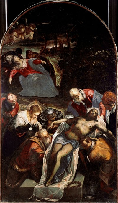 Het graf - Onder de personages rondom het lichaam van Jezus Christus: Sint Nicodema, Jozef van Arimathea, Sint Jan, de Maagd Maria en Sint Jan door Domenico Robusti Tintoretto