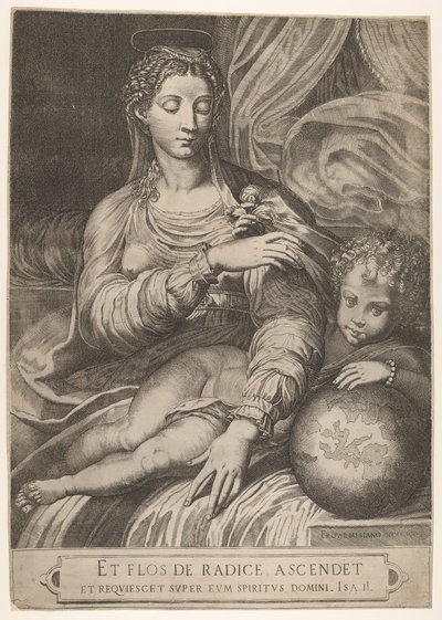 Madonna van de Roos, ze reikt naar een roos die door het Christuskind wordt vastgehouden door Domenico Tibaldi