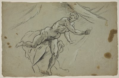Naakte vrouw met een stuk stof in haar handen die haastig een tent verlaat door Domenico Tintoretto