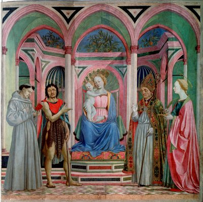 Altaarstuk van Santa Lucia dei Magnoli: Madonna en Kind met Sint Lucia, Sint Franciscus, Johannes de Doper en Sint Zanobi door Domenico Veneziano