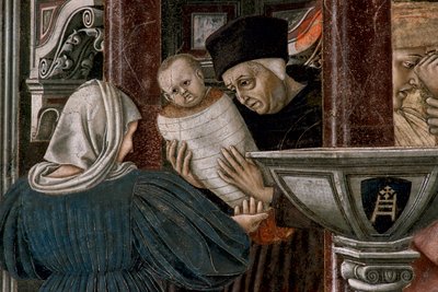 Geschiedenis van het ziekenhuis: "Uitzicht op het weeshuis van Santa Maria della Scala in Siena" het huwelijk van een jonge wees. Detail van de verlating van de wees bij haar geboorte. Fresco van Domenico di Bartolo (1400/1404-1445/47) in de zaal van de Pe door Domenico di Bartolo