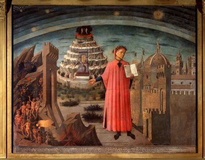 Dante Alighieri en zijn komedie. Portret van huurder Dante bij de hoofd goddelijke komedie door Domenico di Michelino