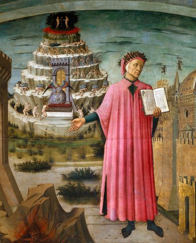 Dante Alighieri met zijn gedicht de Goddelijke Komedie. Naast hem de hel en de stad Florence, op de achtergrond het Vagevuur en het Paradijs door Domenico di Michelino