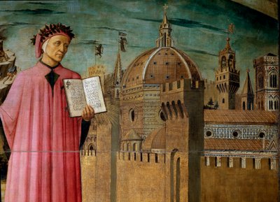 Dante Alighieri presenteert zijn werk de Goddelijke Komedie (detail) door Domenico di Michelino
